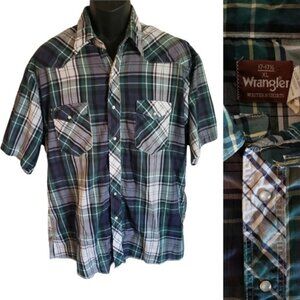 Vintage Wrangler Blue & Green Plaid Pearl Snap Button-up Western Shirt XL